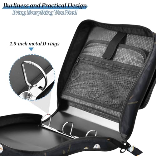 Image of 3 Ring Zipper Binder with Shoulder Strap White Daisy Flower Black 1.5 inch Binders Keeper Large Capacity Multi Pockets for School Office Supplies
