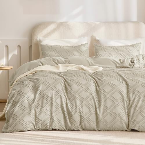 JELLYMONI Light Khaki Grid Tufted Duvet Cover Set Full Size