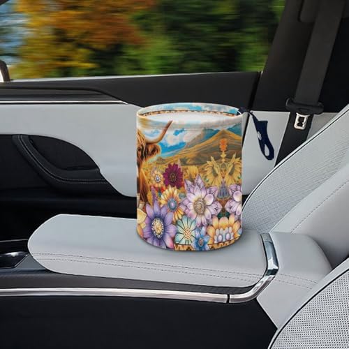 Image of Renewold Automotive Garbage Cans Multipurpose Trash Bin for Car Boho Flower Dahlia Highland Cow Car Trash Can Camping Beach Storage Bag Foldable Portable Automotive Interior Accessories Waterproof