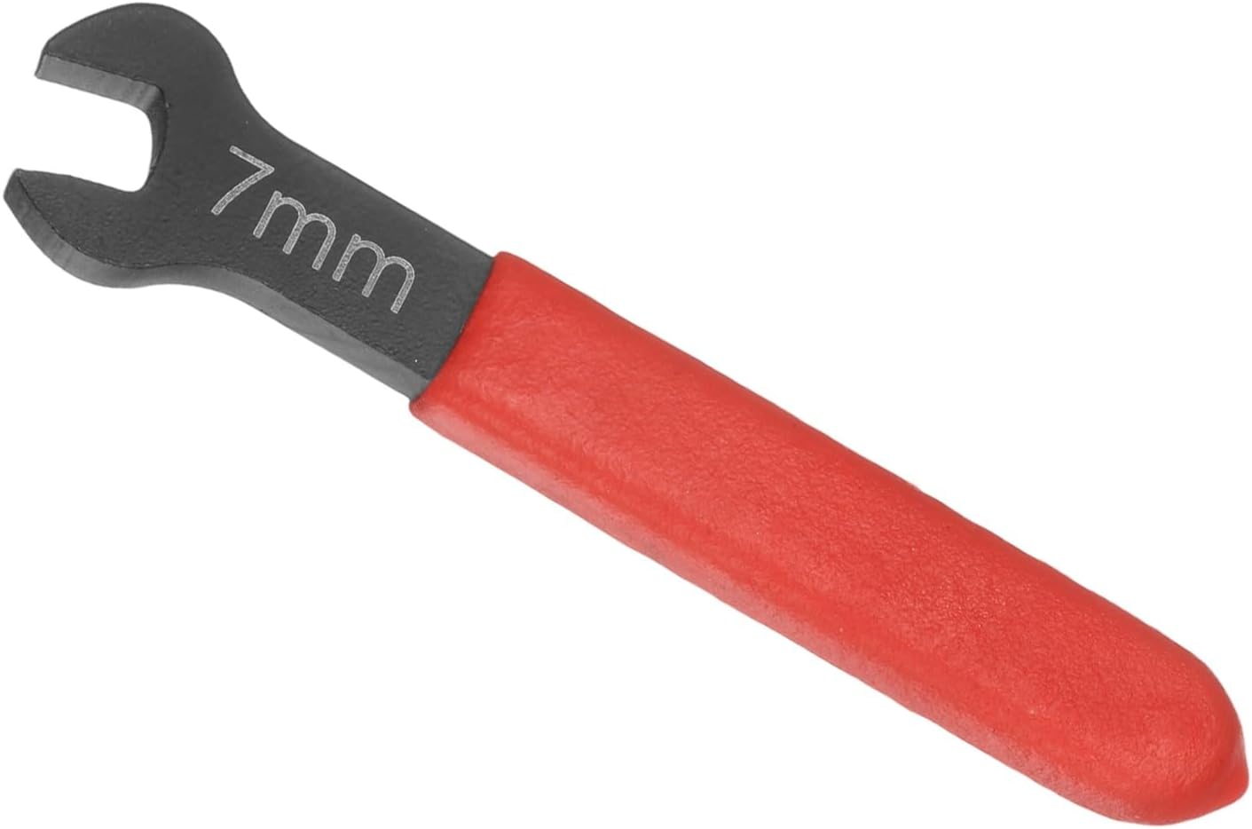 7mm Open End Wrench, 15 Degree Offset Thin U-Shaped Spanner with Red Shank, Black Finish for Automotive Repair & Furniture Assembly