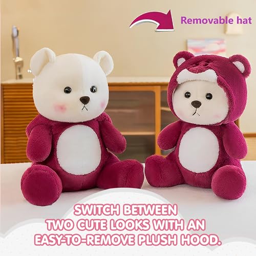 Image of Kidology Plush Teddy Bear with Hood (Removable) - Ultra Soft Huggable Baby Stuffed Animal, Adorable Cuddly Toy for Kids & Girls, Perfect Birthday Valentine Gift for Girlfriend- 30 cm,Red