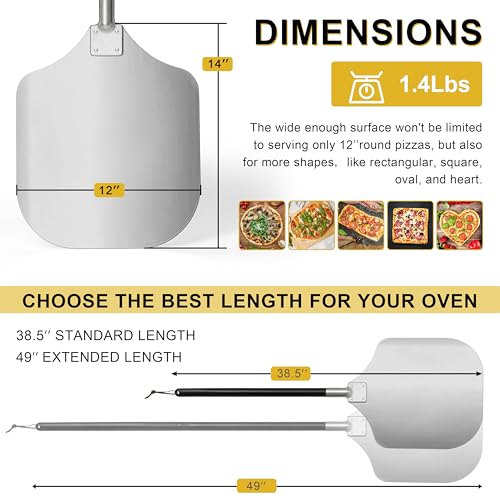 Pizza Peel Aluminum Pizzas Spatula (12 Inch), Joyfair Long Handle Metal Pizza Paddle with Cutter Rocker Pizza Oven Accessories Turning Tool Kit, Commercial Grade (Extent length 38.5’’ to 49’’) - Thumbnail 2