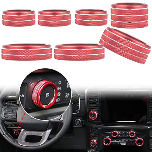 GEEGEETOP Aluminum Centre Console Sound Volume Knob Cover Compatible with Ford F150 2021 2022 Air Conditioner Headlight Switch Knob 4WD Wheel Drive Trailer Switch Trim 7PCS (Red)
