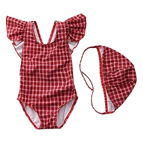 Delanhon Baby Toddler Girls One Piece Swimsuits Hawaiian Ruffle Watermelon Chrysanthemum Plaid Strawberry Swimwear Beach Bathing Suit with Hat (Plaid red, 110) Cover