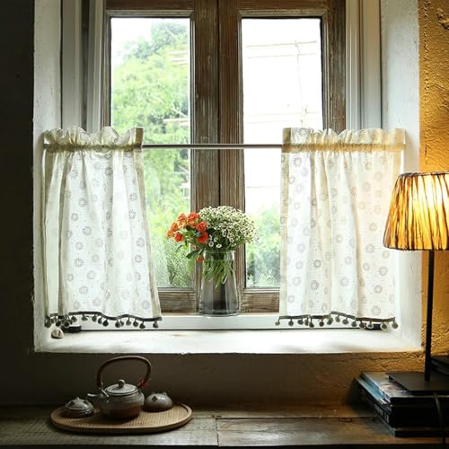 Tolldek 60 x 80 cm Bistro Curtain, Semi-Transparent White Grey, 2-Piece Daisy Pattern with Pompoms, Short Window Rod Pocket, Cotton Linen, Transparent Window Curtain