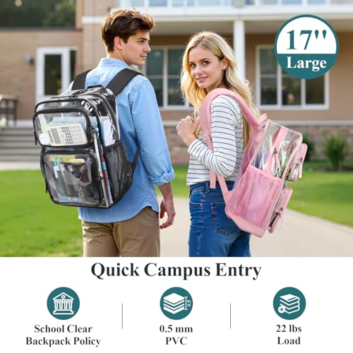 PACKISM Clear Backpack for School - 17 inch Large Heavy Duty Bookbag, Reinforced See Through PVC Transparent Backpack