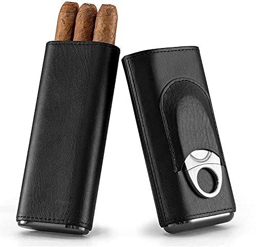 Oyydecor Cigar Case Cigar Carrying Case Set Leather, Cigar Humidor with Silver Stainless Steel Cutter(Black)