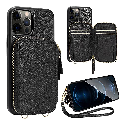 ZVE Wallet Case Compatible with iPhone 12 Pro Max 6.7 inch, Zipper Case with Card Holder Slot Wrist Strap Handbag Protective Leather Cover for iPhone 12 Pro Max (2020) - Black