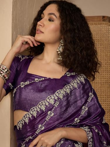 Image of SIRIL Women's Shimmer Georgette Embroidery Scalloped Border Saree with Unstitched Blouse Piece