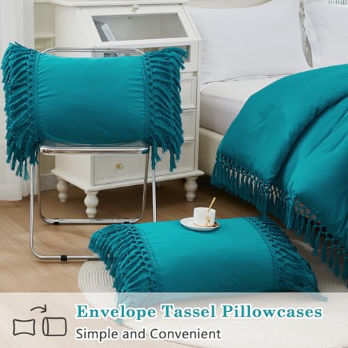 Image of Andency Turquoise Comforter Set Queen, 3 Pieces Boho Tassel Lightweight Soft Bedding Comforter Sets, All Season Fluffy Fringe Bed Set (90x90In Comforter & 2 Pillowcases)