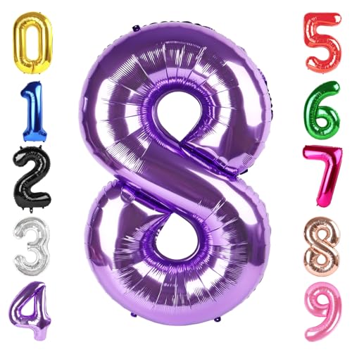 Image of 40 Inch Purple Number 8 Balloon Birthday Party Decorations for Men & Women