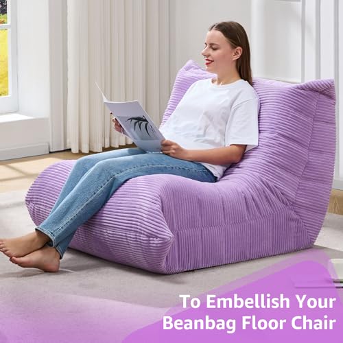 Image of Hobestluk Adults Bean Bag Chair Faux Fur BeanBag Couch for Living Room | Purple Corduroy,Ergonomic Design,Memory Foam,UltraSoft,Anti-slip Bottom,No Assembly Required,Decorative Style for Living Room