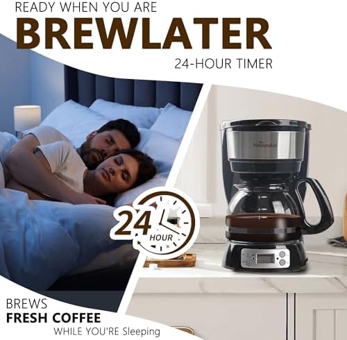 HousesAid 5-Cup Programmable Drip Coffee Maker with Digital Timer, Glass Carafe,24-Hour Auto Brew,2-Hour Auto Shut-Off, Pause & Pour, Removable Filter Basket,Compact Coffee Machine for Home & Office - 4