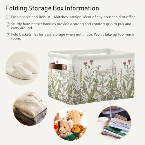 Image of Herbs Storage Basket Bin for Shelves Closet Botanical Foldable Fabric Storage Box Cube with Handles Kids Gifts Toys Cloth Shelf Basket Organizer for Bedroom Nursery Home Decorative