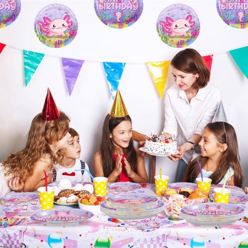 Image of Grencian 96 Pcs Axolotl Birthday Party Decorations, Serves 24 | Pink Cartoon Axolotl Plates and Napkins Reptile Animals Axolotl Tableware Set for Girls Birthday Baby Shower Party Supplies