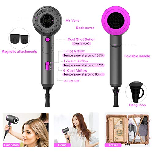 Hair Dryer, slopehill Professional Salon Negative Ions Hair Blow Dryer for Fast Drying, Lightweight Bioceramic with Powerful Hot/Cool Wind, 3 Magnetic Attachments,UL Approved