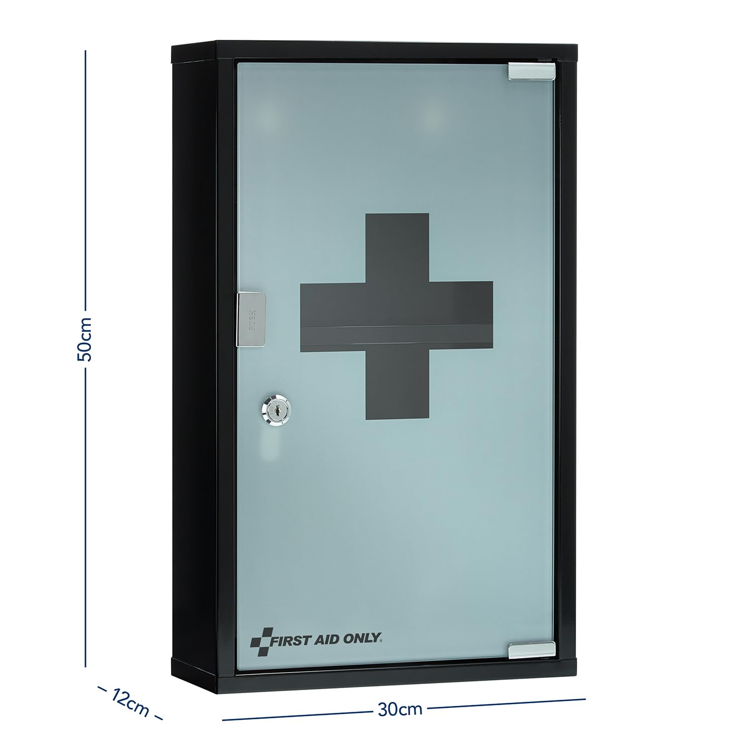 First Aid Only Botiquín Metálico Negro con 3 Compartimentos y Puerta de Cristal | Armario de Primeros Auxilios con Cerradura | Armario de Pared 50 x 30 x 12 cm | P-10202 00