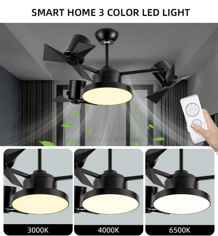 Image of Glowave Modern Black Finish Industrial Multi Head 3 Blade Ceiling Fan with LED Light & Remote Control Silent High-Speed Motor Fan for Kitchen, Cafes, Hotels, Dining, Bar - Tricolor (FI-7820 /BK)