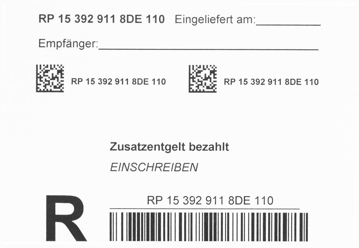 10 Stück selbstklebende Post Einschreiben-Briefmarken Einschreiben-Marken Porto Etiketten Label Aufkleber mit Barcode im Block | Versicherung bis 25 EUR | Zustellung nur gegen Unterschrift