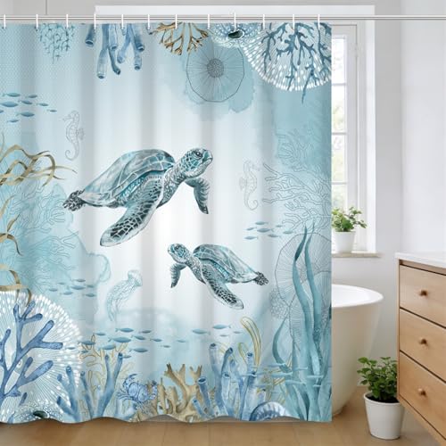 Kzzfqxb Kinder Duschvorhänge 90x183cm, Meerestiere Meeresschildkröten Seepferdchen Korallen Unterwasserwelt wasserdicht Polyestergewebe mit Kunststoffhaken, hellblaue Badezimmer Dekoration