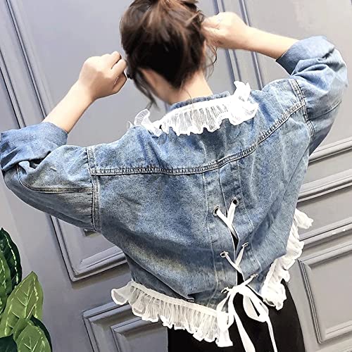 Wpyyi Women Patchwork Frill Lace Ruffle Back Lace-Up Ribbon Denim Coat Jeans Jacket Slim Crop Top Cropped (Color : A, Size : One Size) #TOP2