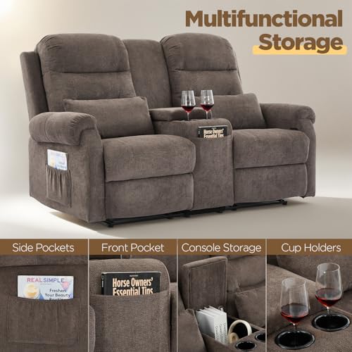 Image of RV Loveseat Recliner with Console, Reclining Loveseat Sofa, Manual Home Theater Seating with Pockets /Cup Holders for Living Room /RV Furniture (Coffee Chenille + LED)