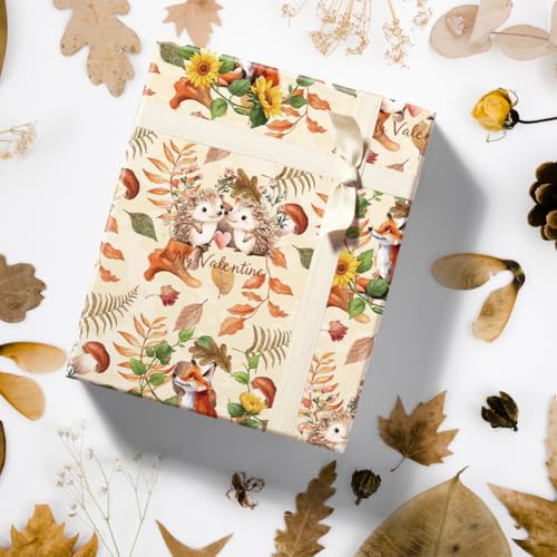 Geschenkpapier für Herbst und Herbst, Ahornblätter, Eichhörnchen, Sonnenblume, Fuchs, Igel, Wald, 50 x 70 cm pro Blatt, flach gefaltet, 6 Blatt, mit Band, saisonales Geschenkpapier für Thanksgiving