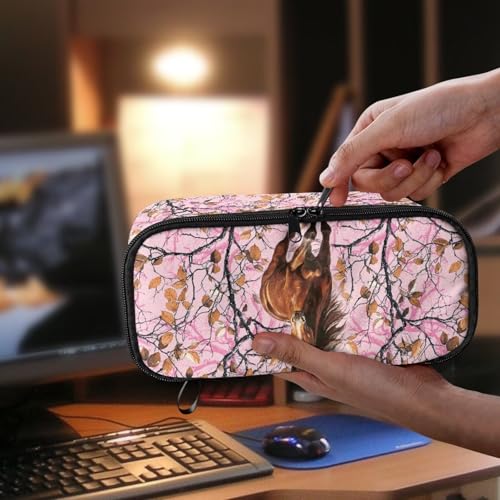 Image of Kids Pencil Case for Boys 6-8 Horse Forest Camo Pencil Pouch Large Capacity Lightweight Portable Pen Bag with Handle Strap for Back to School, Pink
