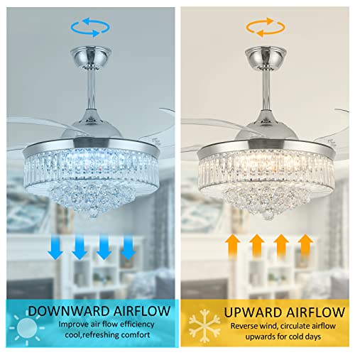 42 Inch Crystal Ceiling Fans With Lights, Modern Dimmable Fandelier Led Remote Control Retractable Invisible Blades Indoor Reversible Ceiling Light Kits With Fans For Decorate Living Room Bedroom #TOP3