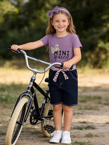 Image of Kids Toddler Girls Summer Clothes Leopard Butterfly Print T-Shirt + Belted Denim Jeans Shorts 3PCS Outfits