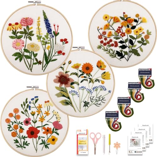 VIVIDOX 4 Sets Embroidery Kit for Beginners with Stitch Video, Flower Cross Stitch Kits for Adult, Hand Craft Lover, Starter Practice with Floral Stamped Pattern, 2 Hoops, 16 Needles, Scissors & Tools