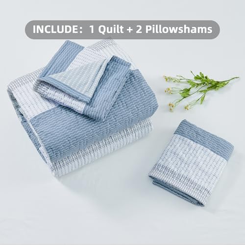 Image of Andency King Size Quilt Set Misty Blue, 3 Pieces Summer Ultra Soft Lightweight Bedspreads & Coverlets Set, Patchwork Striped Quilted Bedding Sets for All Seasons (1 Quilt, 2 Pillow Shams)