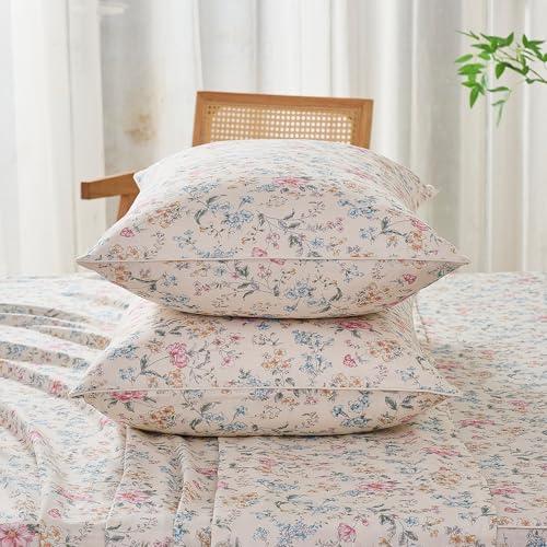 Image of FADFAY Twin XL Double Gauze Floral Sheet Set, Soft Breathable Cotton Bedding Set with Fitted Sheet, Flat Sheet & Pillowcases, Lightweight Multicolor Botanical Sheets