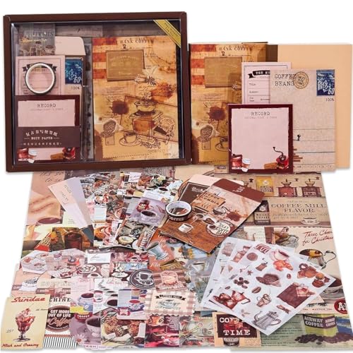 Image of VIBE VISTA Vintage Aesthetic Scrapbook Kit, 346 Pcs, A6 Grid Notebook, Washi , Envelopes, Folding Labels, Background Papers, Photo Frames, Calendar Stickers (Coffee Bazaar, Coffee)