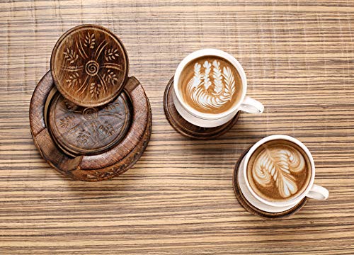 Handmade Wood Drink Coaster Set With Holder Set Of 6 In A Lotus Shaped Holder With Rustic Design, Tea & Coffee Table Decorative Cocktail Coaster, Wood Coaster For Drinks, Beverages & Wine/Bar Glasses #TOP3