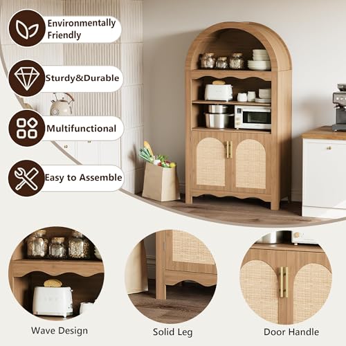 Image of LINLUX 63 inch Arched Kitchen Pantry Cabinet, Arched Cabinet with Rattan Doors & Adjustable Shelves, Versatile Cupboard Arch Cabinets for Kitchen Storage, Dinning Room, Living Room, Entryway, Natural