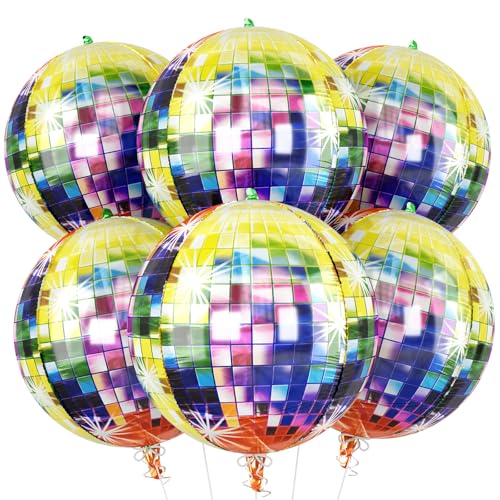Image of 6pcs 22 Inch Multicolor Disco Ball Balloons, Rainbow Big Disco Balloons, Pink 4d Large Foil Aluminum Balloon For Birthday Baby Shower 70s 80s 90s Theme Party Wedding Engagement Graduation Festival