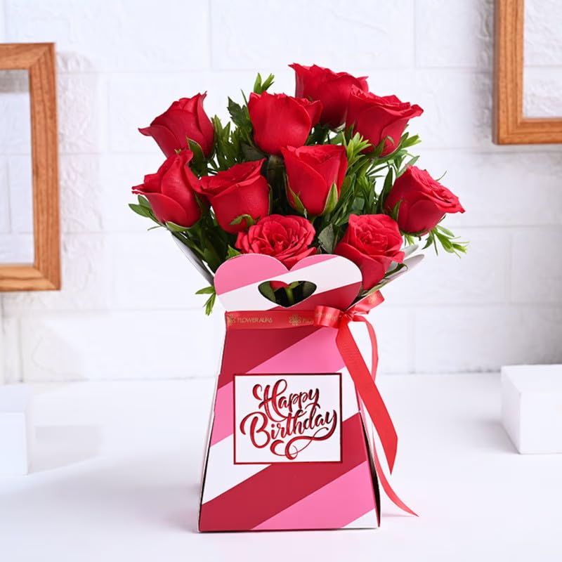 FlowerAura Premium Fresh Live Flower Bouquet of 10 Red Roses In F...