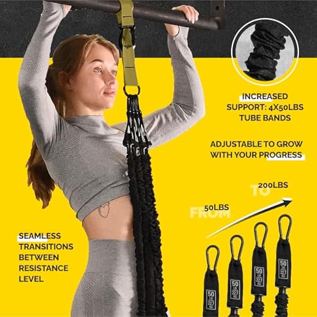 Pull Up Assistance Bands Set - 4 Heavy-Duty Pull Up Bands, Height Adjustable Strap & Comfortable Foot Strap - Stackable Pull Up Resistance Bands for Pull Ups