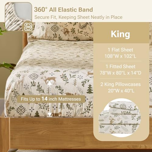 Sleep Philosophy True North 100% Cotton Flannel Sheets King Size, Cozy Flannel Sheet Set Brushed for Extra Softness, Heavyweight Novelty Print Warm Flannel Bedding Set, Tan Woodland Winter 4 Piece