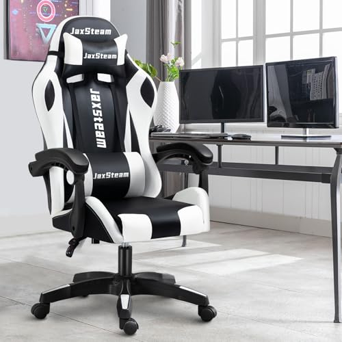 Black & White High-Back Gaming Chair with Lumbar Support & Headrest