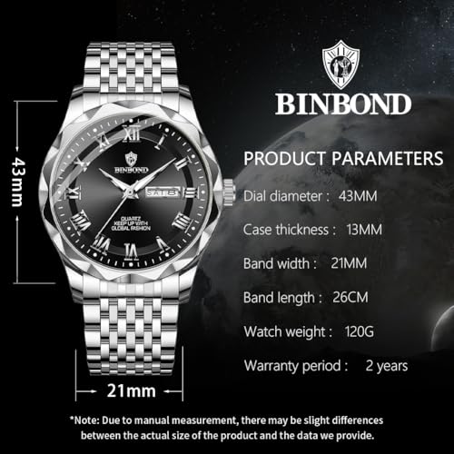Image of BINBOND Men's Watch Luxury Business Dress Analog Quartz Stainless Steel Casual Date Wrist Watches for Men Easy Read Roman Numeral Large Dial Waterproof Luminous