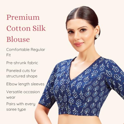 Image of Studio Shringaar Women's Indigo Blue Cotton Block Printed V Neck Saree Blouse with Underarm Sweat Pads (Pack of 14 Pads)