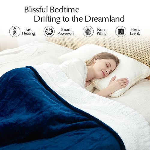Electric Heated Blanket Twin Size, Soft and Cozy Thickened Flannel and Sherpa Electric Blanket for Bed, Automatic Safety System 6 Heating Levels & 10 Hours Auto-Off, 62"x84" Pageant Blue