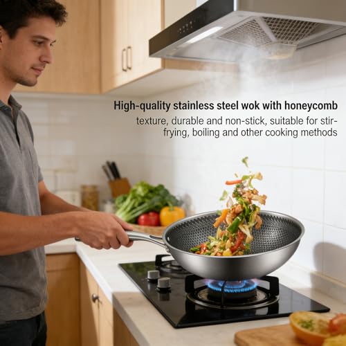 Wok de acero inoxidable grueso 11 pulg, fondo plano miniatura 3
