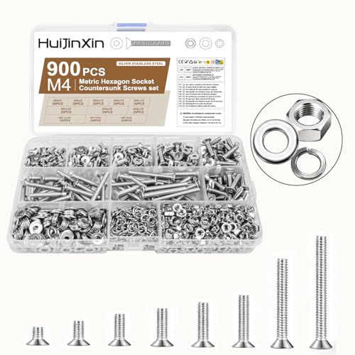900 Stück M4 Schrauben Set, Edelstahl Senkkopfschrauben Muttern Set, Metrisch Flachkopfschrauben Innensechskant Schrauben mit Muttern Sets mit Unterlegscheiben, Senkkopf Gewindeschrauben Sortiment
