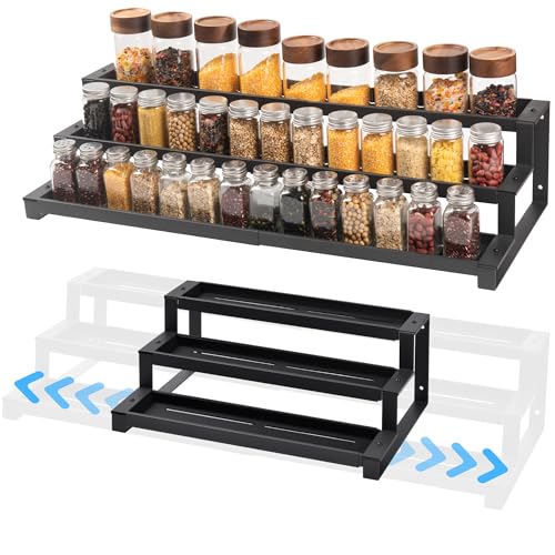 GOENDR Expandable Spice Rack(41-75 cm), 3 Tiered Spice Organiser for Inside Cupboard, Wall-Mountable Seasoning Organizer, Large Spice Jars Rack for Kitchen, Countertop, Pantry, Bathroom, Black - Cosy Home Interiors GOENDR Expandable Spice Rack(41-75 cm), 3 Tiered Spice Organiser for Inside Cupboard, Wall-Mountable Seasoning Organizer, Large Spice Jars Rack for Kitchen, Countertop, Pantry, Bathroom, Black