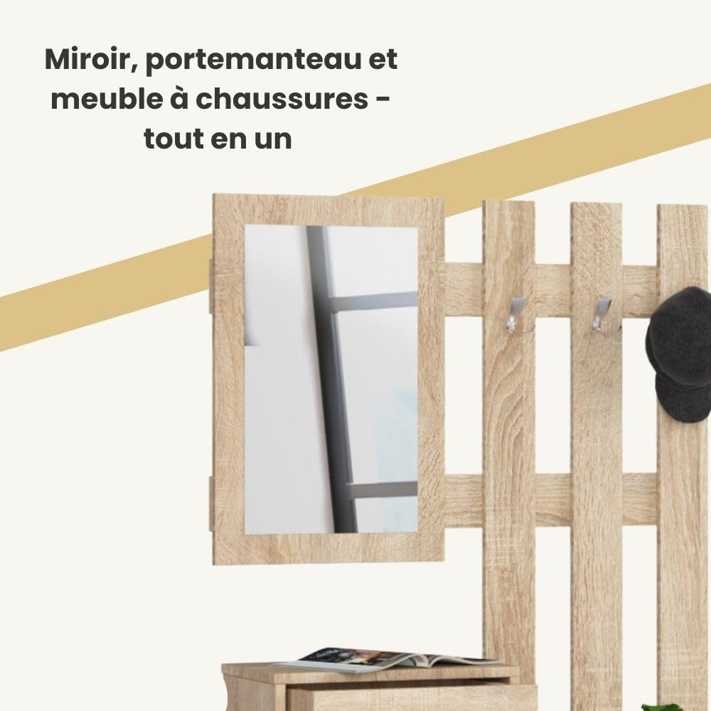 AKORD Ensemble Armoire 2 Parties | Banc Meuble Chaussure avec Cintre et Tiroir | L90 x H70 x P25 cm et Armoire Murale avec Miroir L90 x H100 cm Poids 39 kg | Commode Rangement Chaussures