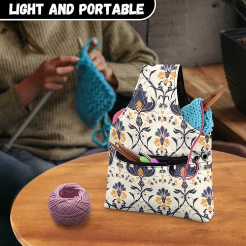 Image of ZUXONGSY Damask Floral Knot Yarn Tote Bags for CrochetingH Portable Yarn Bags for Crocheting on The Go Travel Yarn Storage Handbag