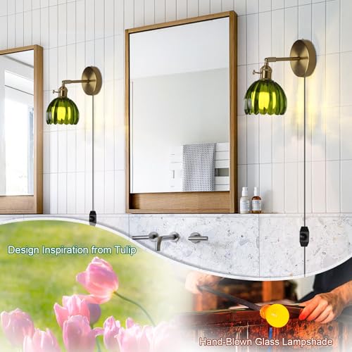 Image of HuisMier Dimmable Plug in Wall Sconces, Vintage Green Tulip Glass Lampshade Wall Light with On /Off Switch, Modern 180 Degree Adjustable Brass Wall Sconces for Bathroom Bedroom Hallway, Plug in